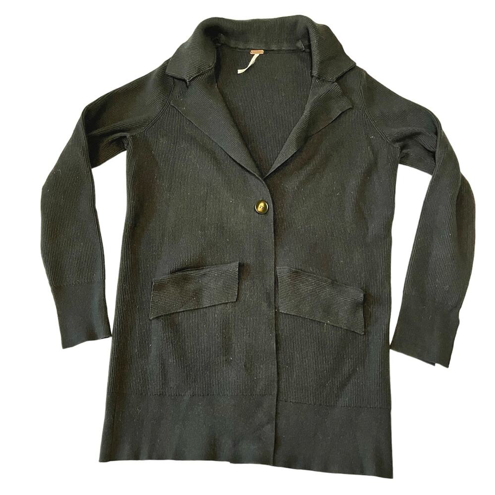 Free People Womens Cardigan Blazer Coatigan Black Ribbed Knit Size Small Viscose